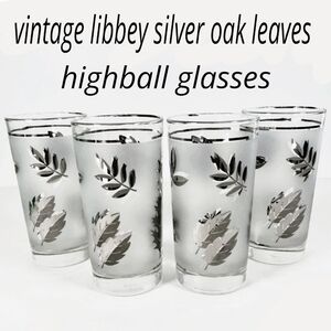 4 Libbey/ Federal frosted & Metallic Silver Oak Leaves Highball Glasses 5.5" H